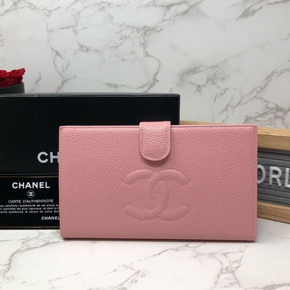 Chanel Sakura Pink Caviar Leather CC Bifold Classic Flap Long Wallet Checkbook